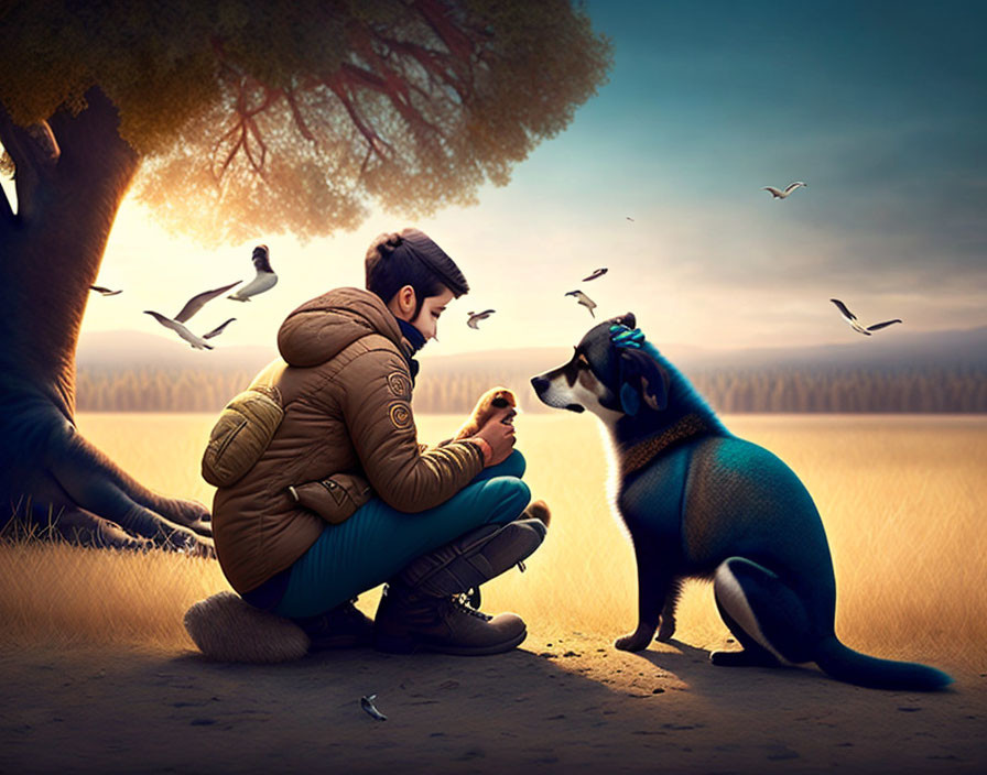 Man in brown jacket photographs blue dog at sunset with birds flying.