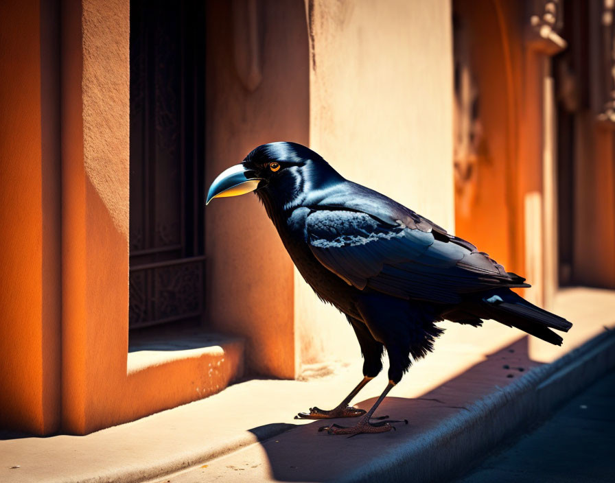 Black bird with prominent beak perched on building ledge in warm sunlight.