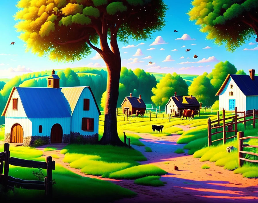 Colorful Cartoon Rural Scene with Houses, Cows, and Sunny Sky