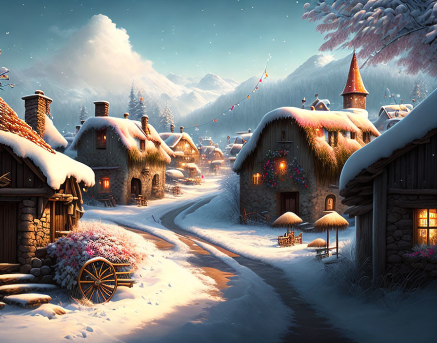 Snow-covered winter village with cottages, church spire, festive lights