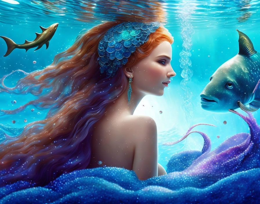 Mermaid with flowing hair and fish scale tiara meets curious fish underwater