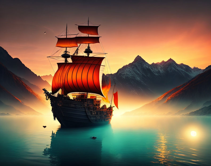 Old ship with red sails sailing at sunset over tranquil waters