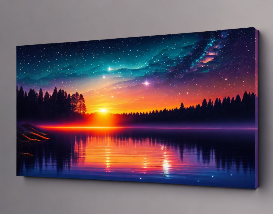 Sunset, starry sky, aurora, and lake canvas art.