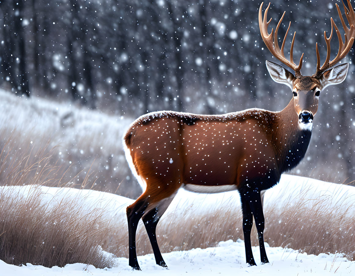 Majestic deer with large antlers in snowy landscape