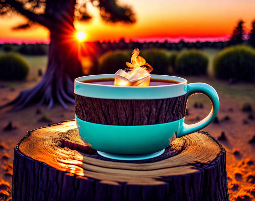 Steaming cup of tea on tree stump at sunset with creamy dollop