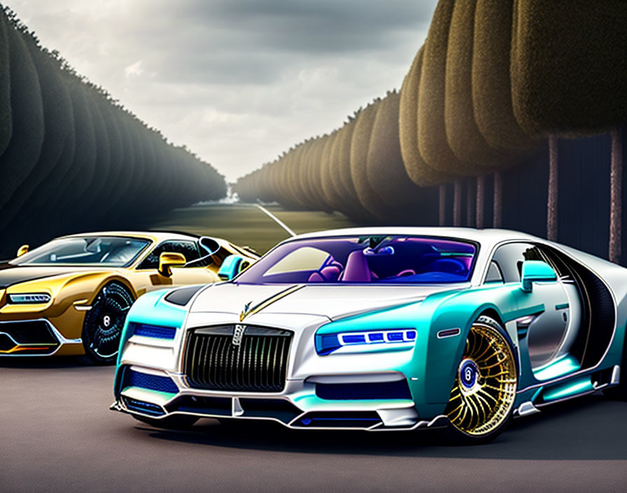 Luxurious Sports Cars with Custom Paint Jobs on Roadway