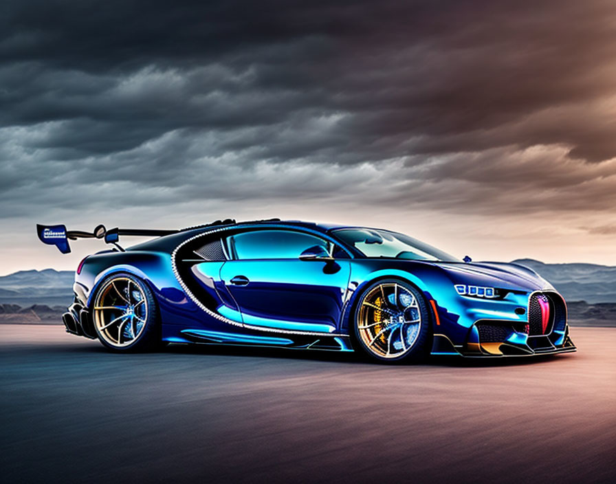 Blue Sports Car with Racing Stripes and Desert Landscape Sky