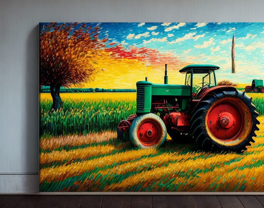 Colorful sunset sky painting with green tractor in field on canvas