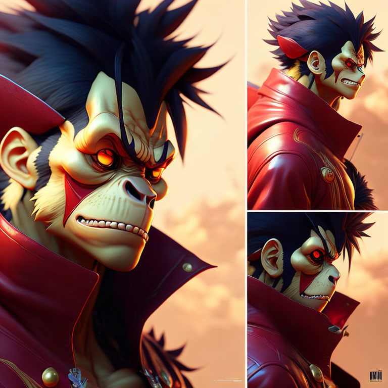 Stylized anthropomorphic monkey with spiky hair and sharp teeth in red jacket and golden earrings