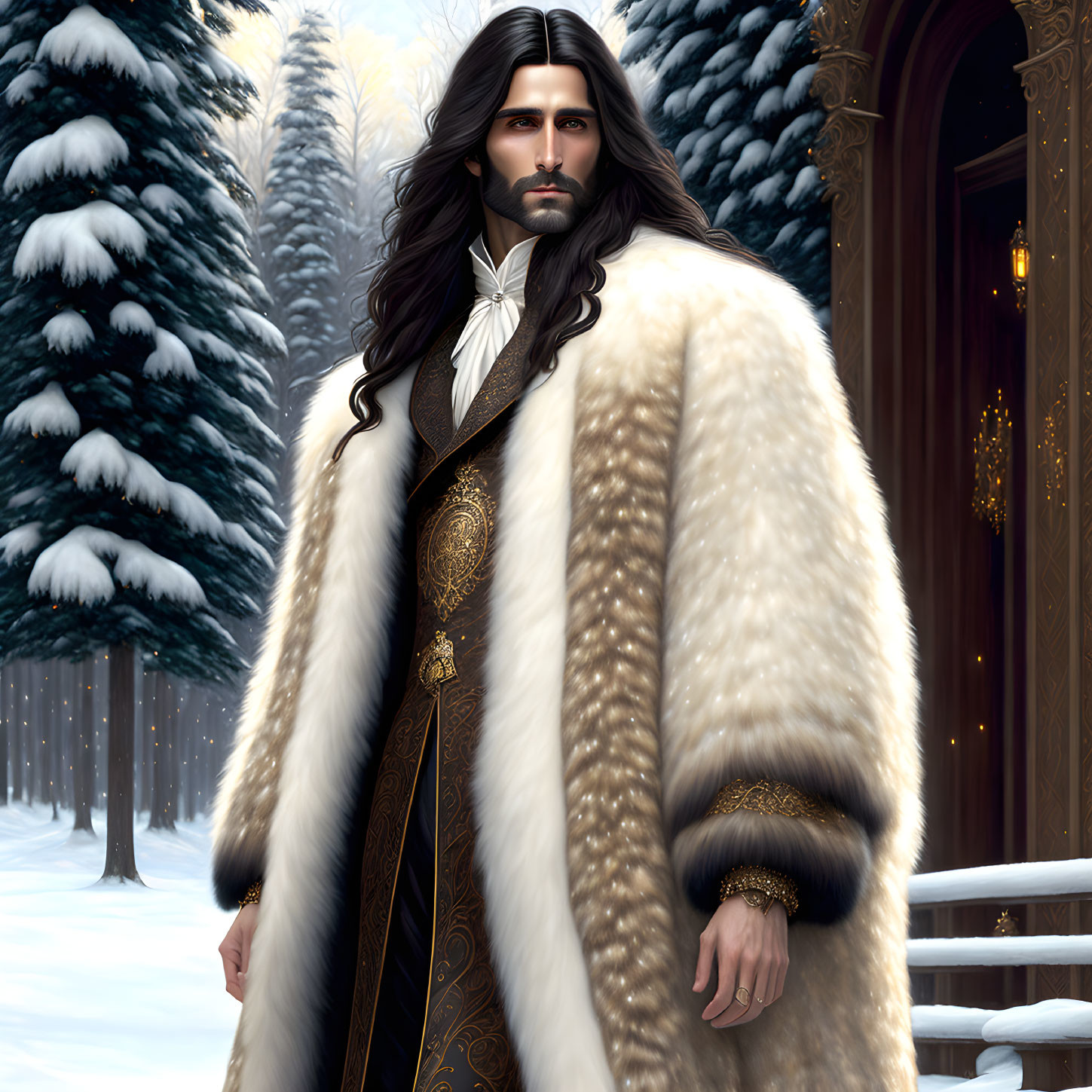 Long-haired man in white fur cloak by golden door in snowy forest