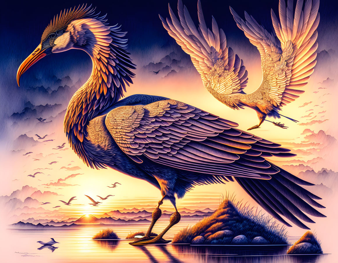 Colorful illustration of majestic bird by lake at sunset