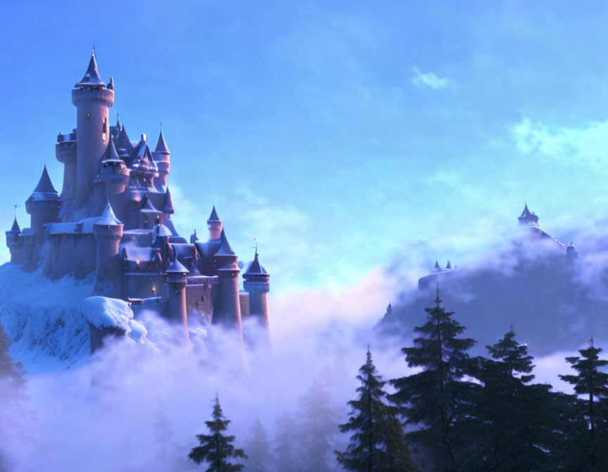 Snowy hill castle shrouded in mist with blue sky and pine trees