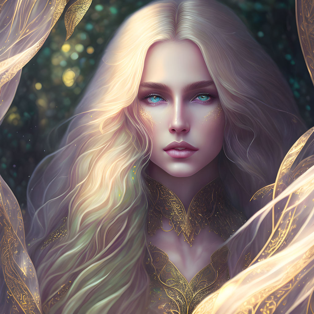 Portrait of woman with long blonde hair in golden clothing in lush forest