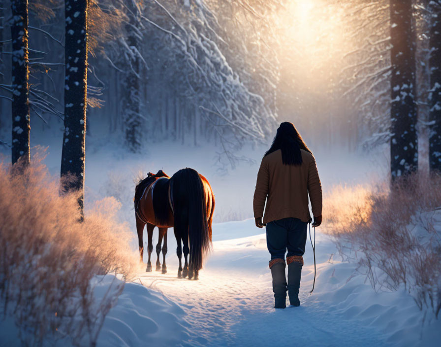 Person and horse walking on snowy forest path at sunset