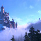 Snowy hill castle shrouded in mist with blue sky and pine trees