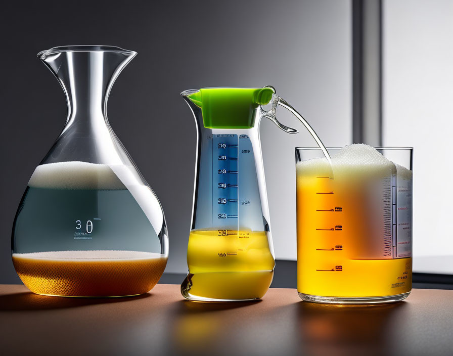 Colorful liquids in laboratory glass containers with measurements on reflective table