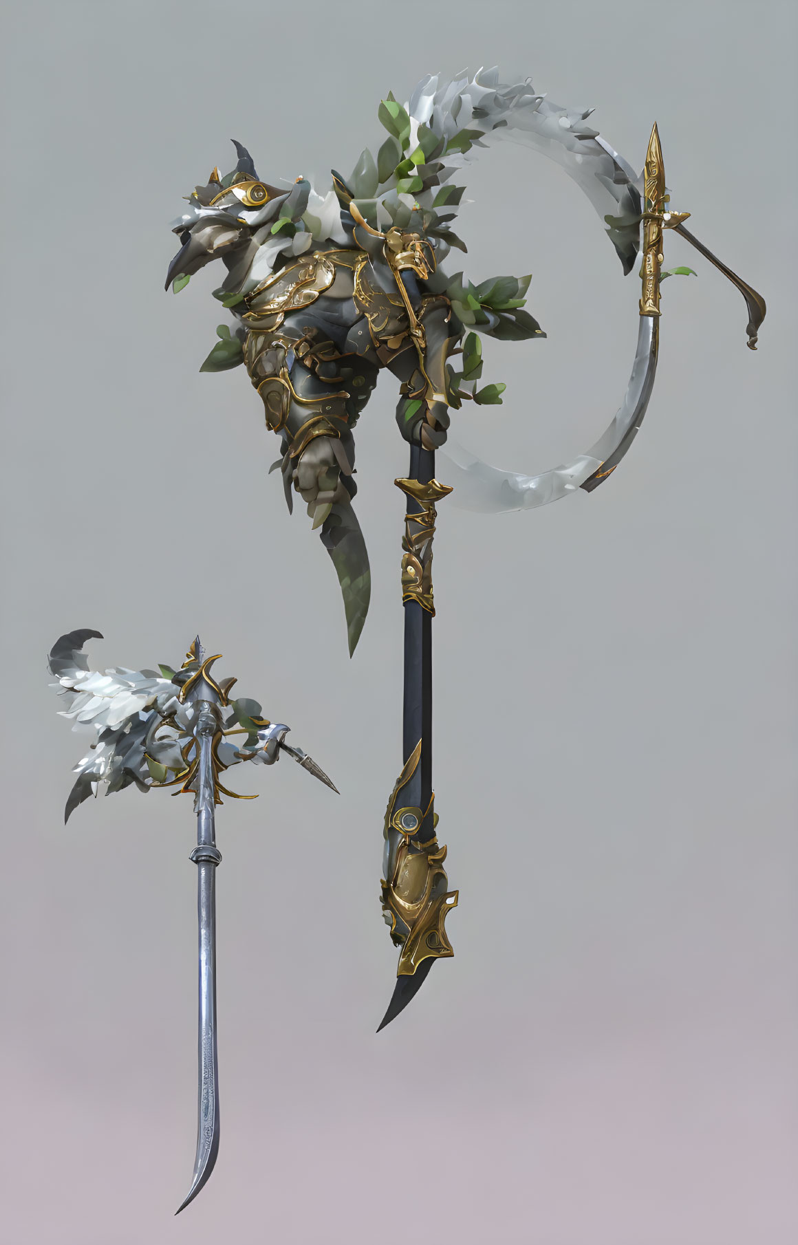 Silver and gold ornate fantasy weapons with leaf-like decorations and crescent-shaped blade.