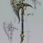 Silver and gold ornate fantasy weapons with leaf-like decorations and crescent-shaped blade.