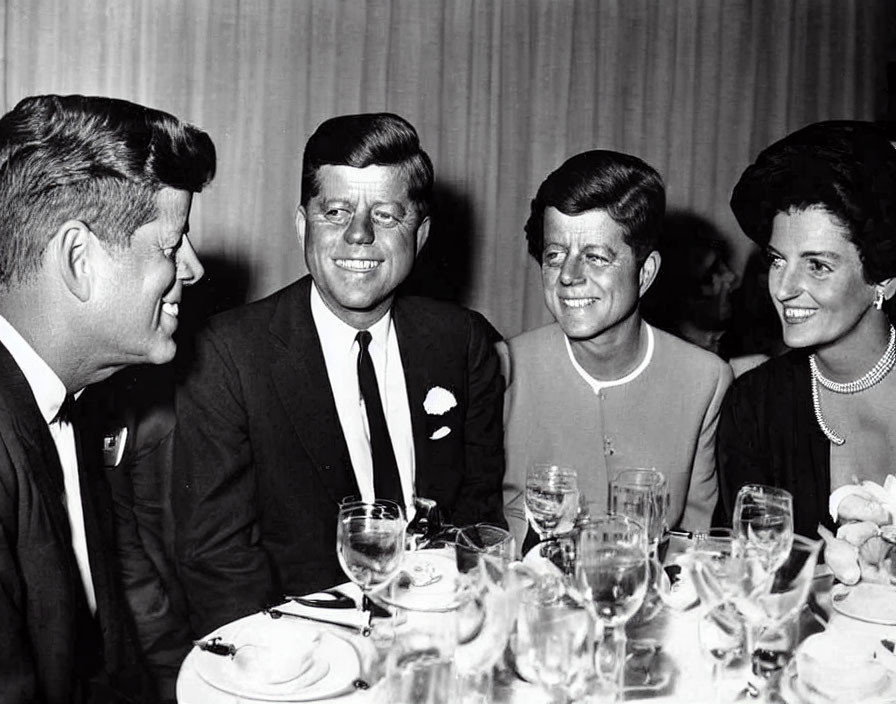 Group of four individuals at dinner event with two men facing camera and two people in conversation.