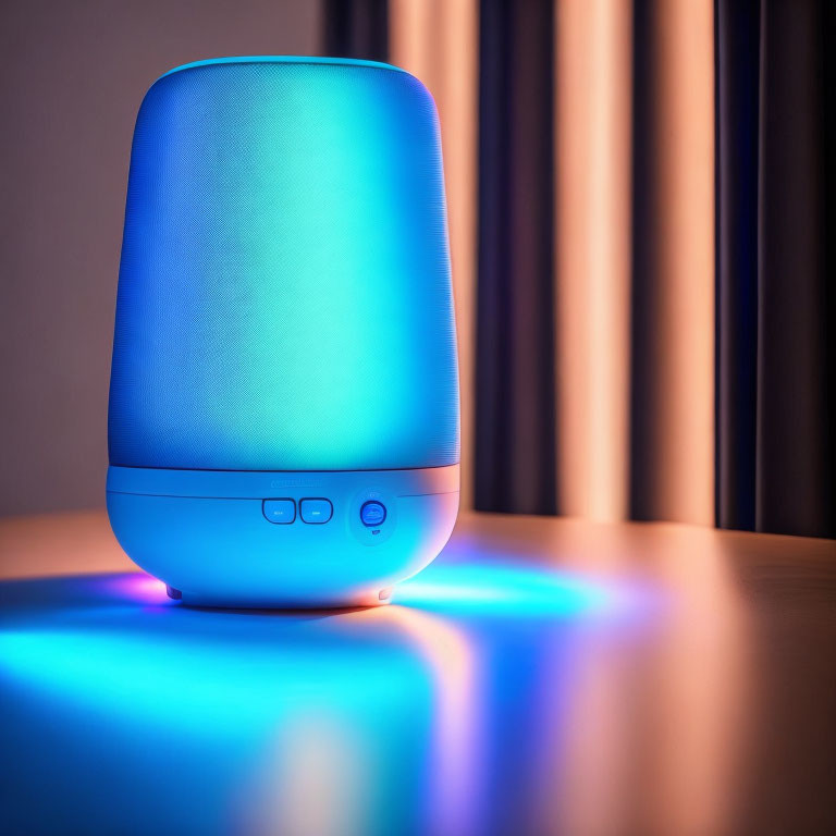 Blue Smart Speaker Casting Colorful Light Reflections