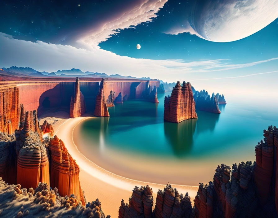 Surreal landscape with towering rocks, smooth river, planets in sky