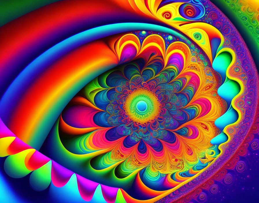 Colorful fractal image with swirling patterns and layers in rainbow hues