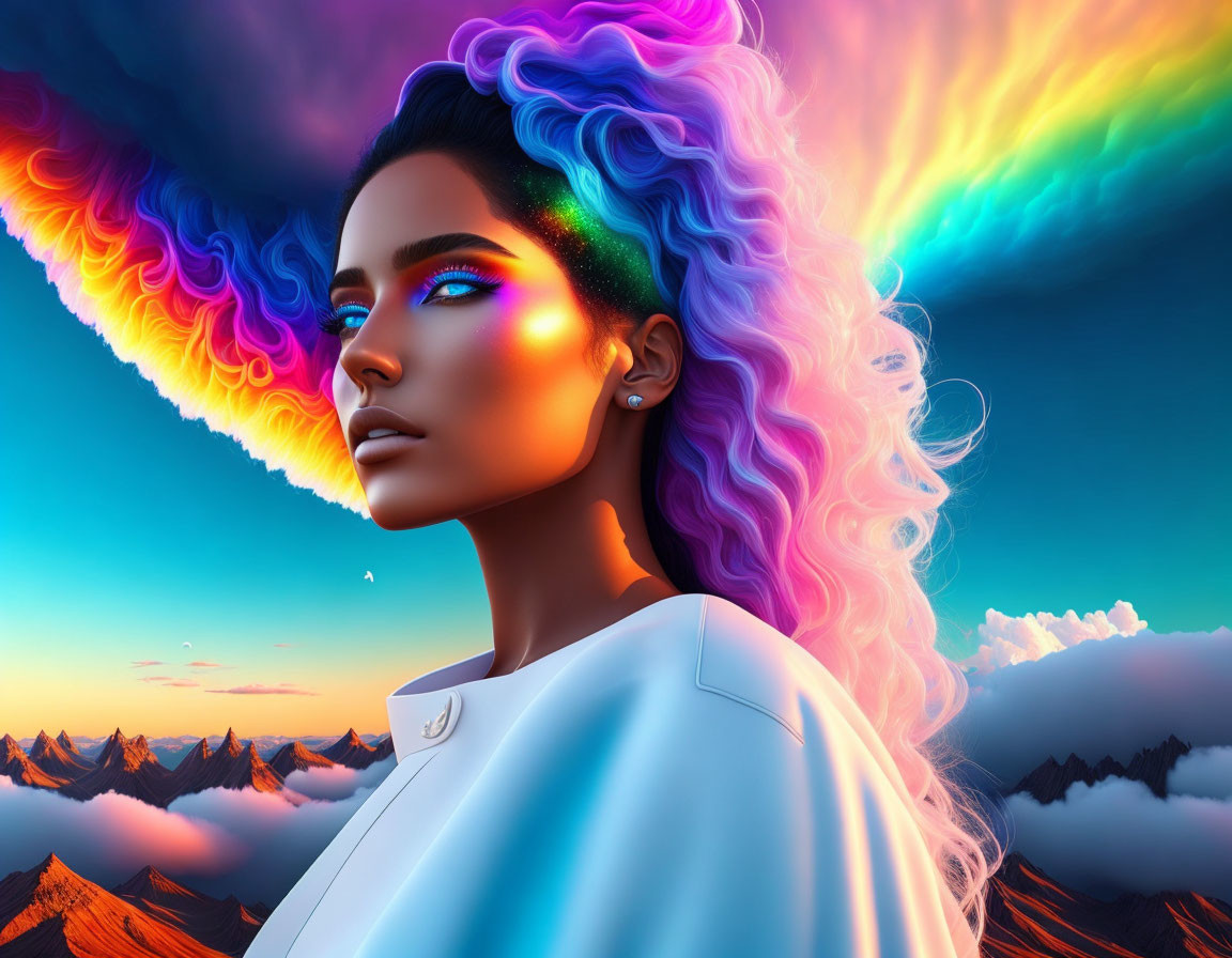 Vibrant digital artwork: woman with rainbow hair in surreal mountain landscape