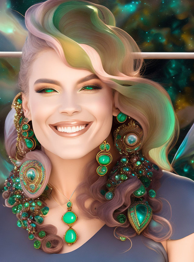 Radiant woman with green hair and extravagant jewelry against cosmic backdrop