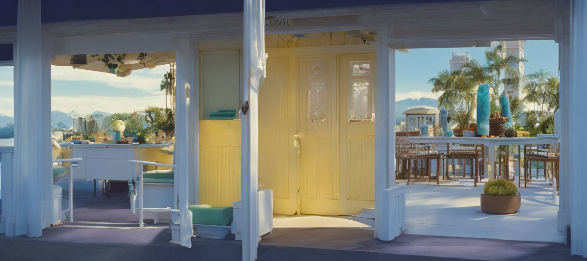 Sunlit porch with yellow door and white chairs overlooking palm trees and distant mountains.