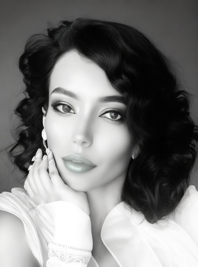 Monochrome portrait of woman with curly hair and hand on cheek