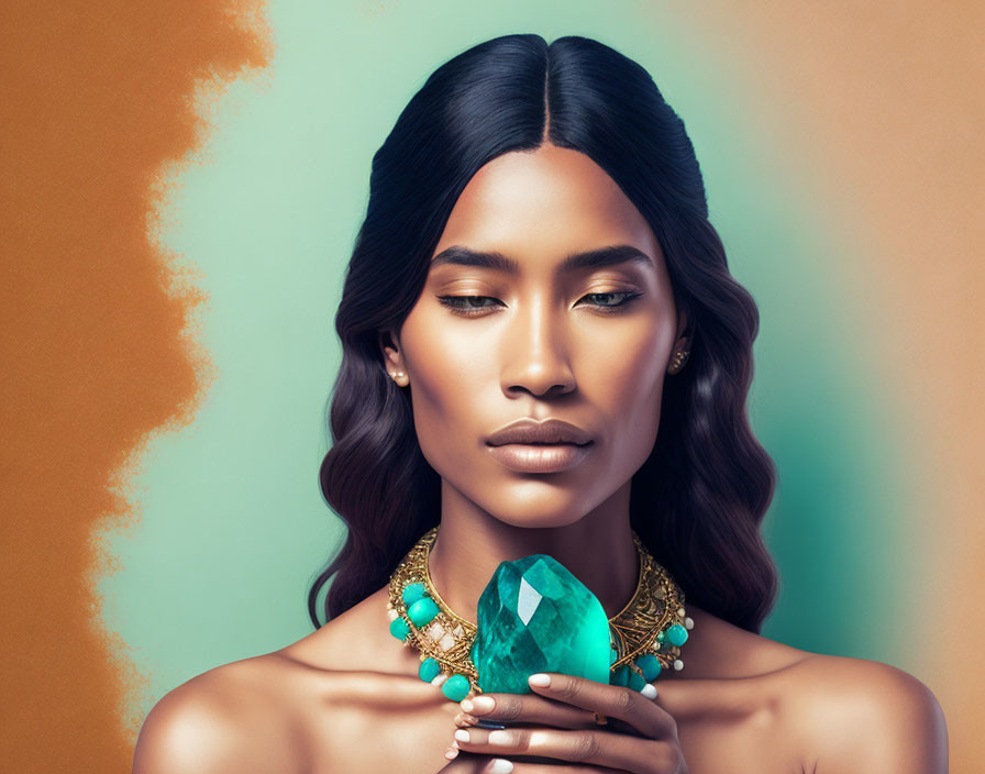 Woman with Black Hair and Turquoise Jewelry Holding Green Gemstone on Dual-tone Background