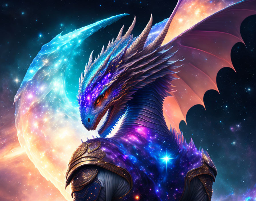 Fantasy illustration of vibrant dragon with blue and purple scales against star-filled sky