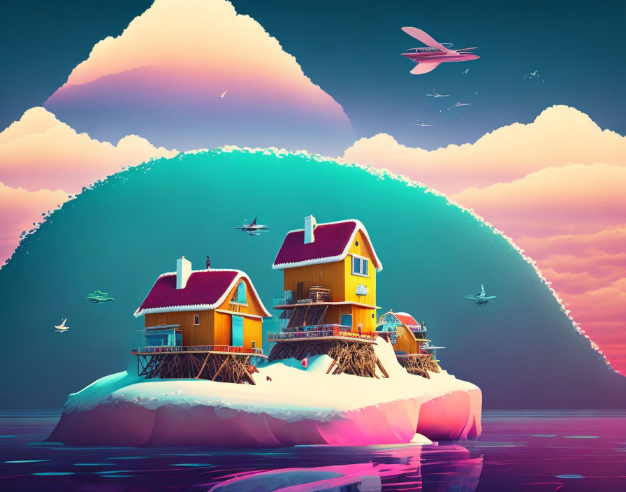 Vibrant houses on icy float with flying ships and birds in surreal ocean