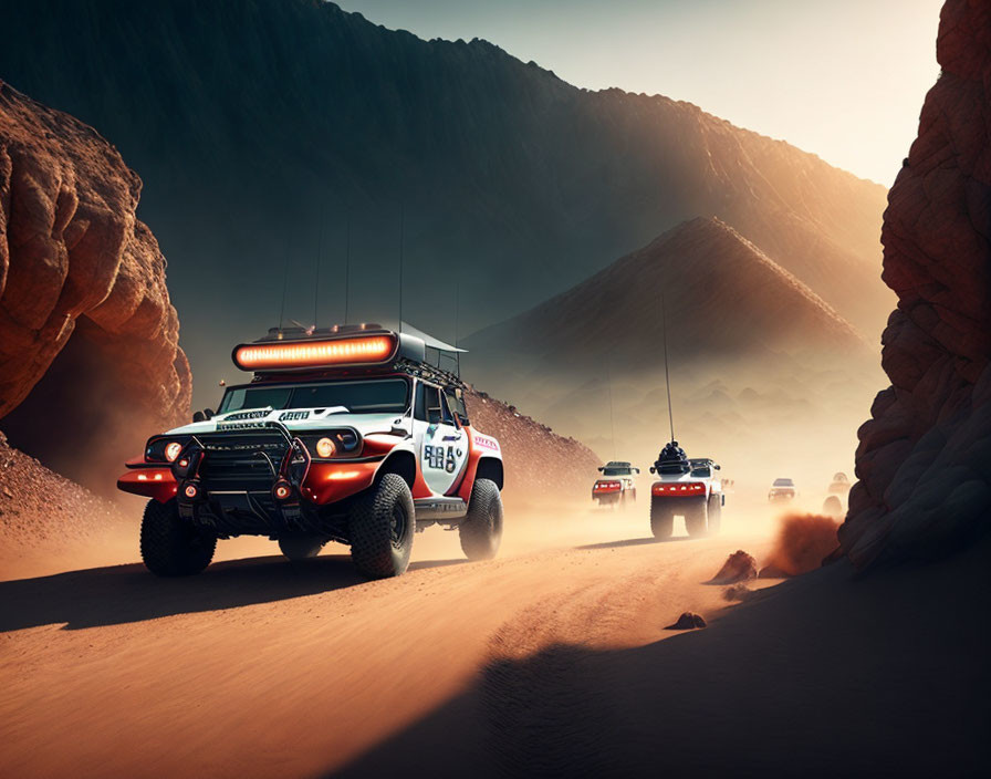 Off-road convoy in dusty desert canyon with rally lights.