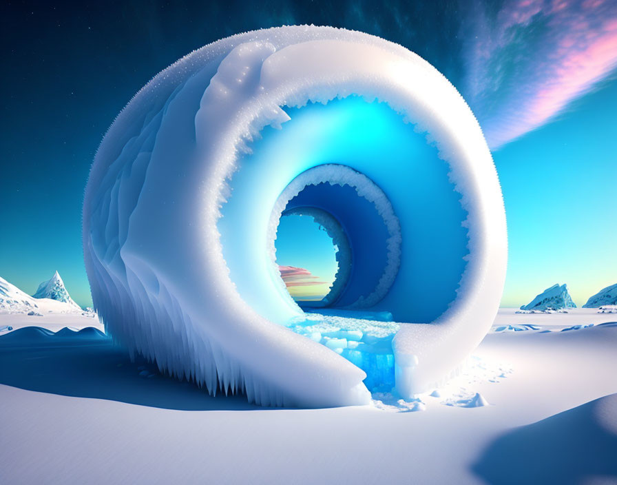 Surreal spiral ice and snow structure in snowy twilight landscape