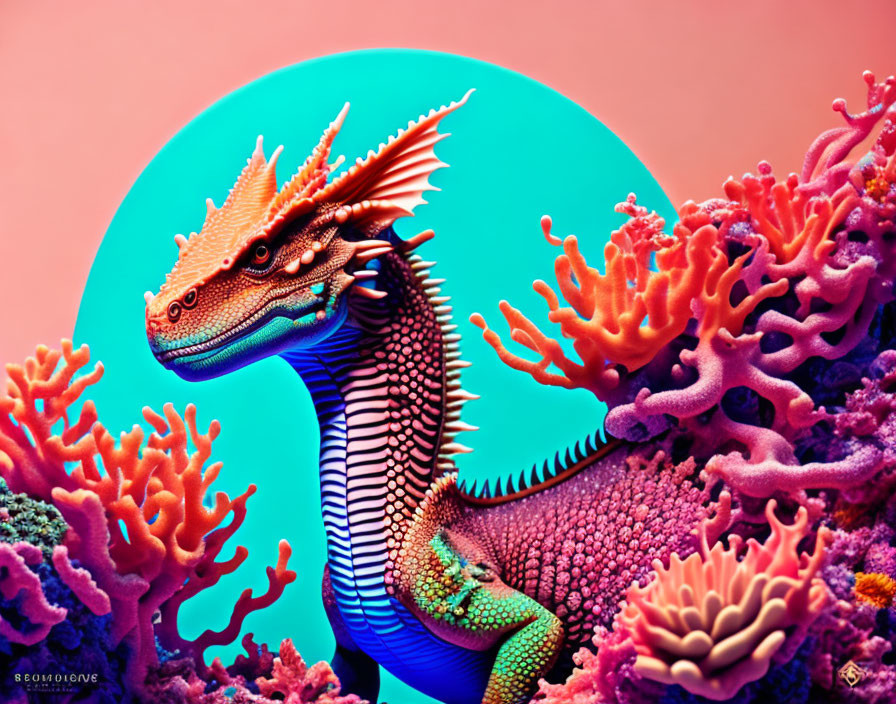 Colorful Stylized Dragon Artwork with Coral Textures on Pink Background