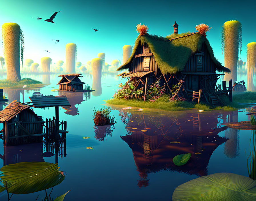 Thatched houses on stilts in fantasy landscape at twilight