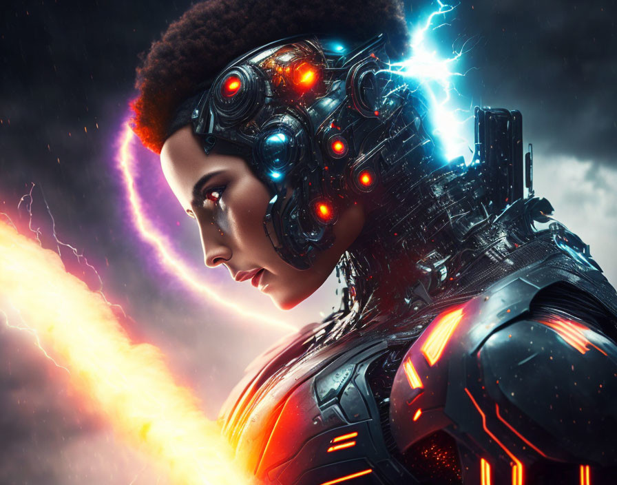 Woman with Afro: Human-Machine Hybrid Profile with Glowing Circuits