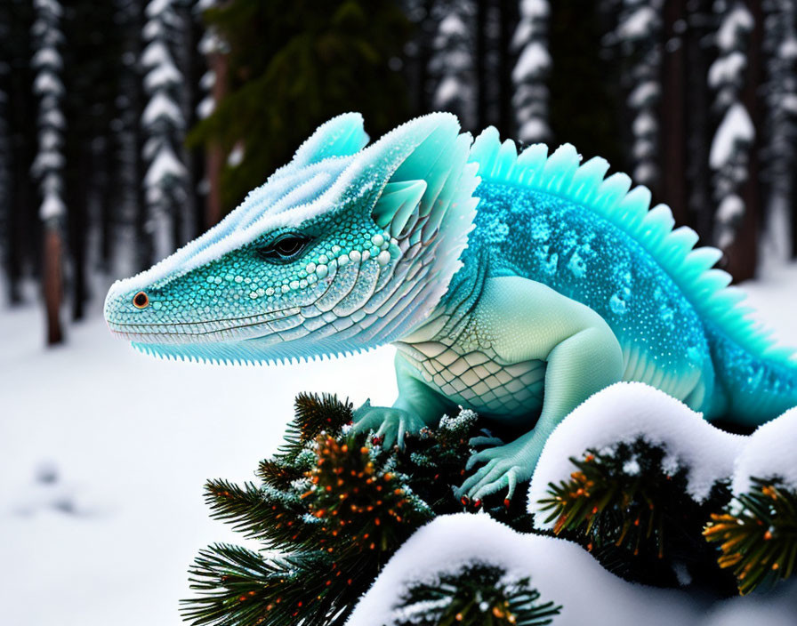 Blue and White Iguana on Snow-Covered Fir Branch in Forest