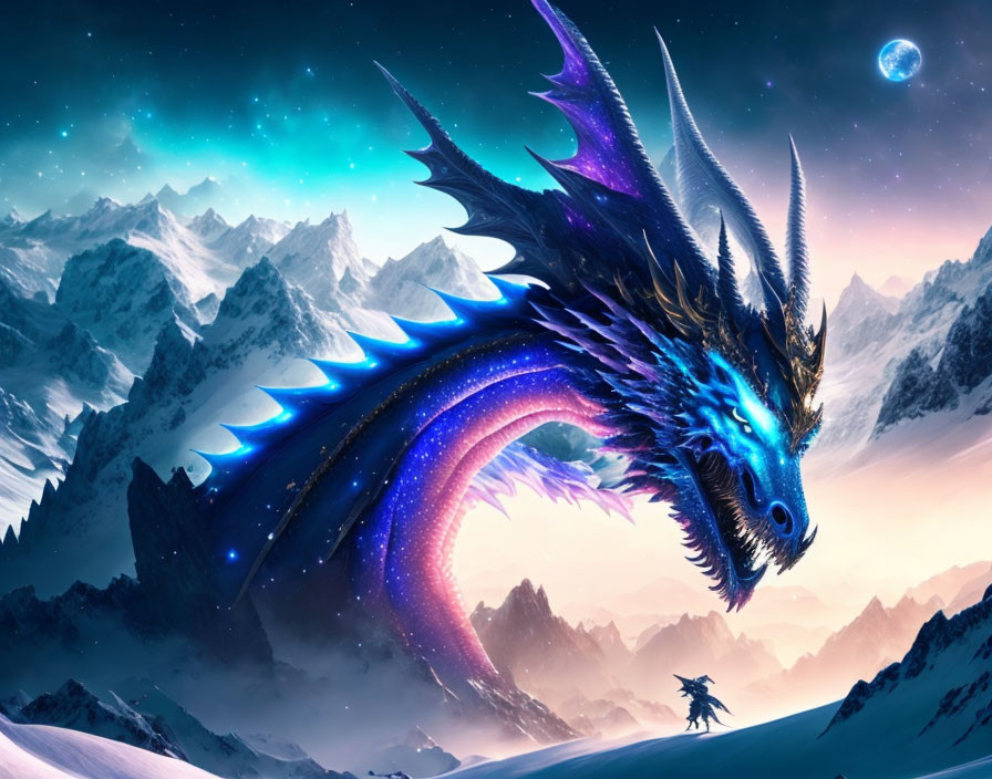 Blue dragon with glowing spines on snowy mountains under starry sky