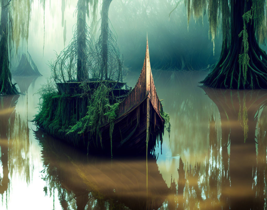 Moss-covered boat in foggy swamp with weeping willows