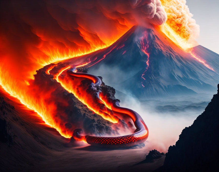 Digital artwork: Volcanic eruption with fiery lava flow and ash-filled sky