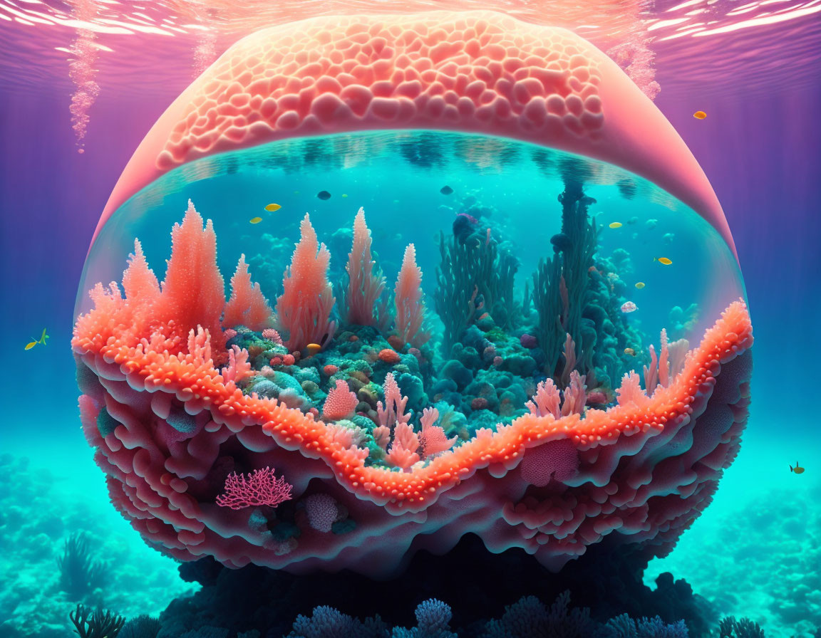 Colorful Coral Structure in Underwater Scene with Small Fish in Blue-Pink Ocean