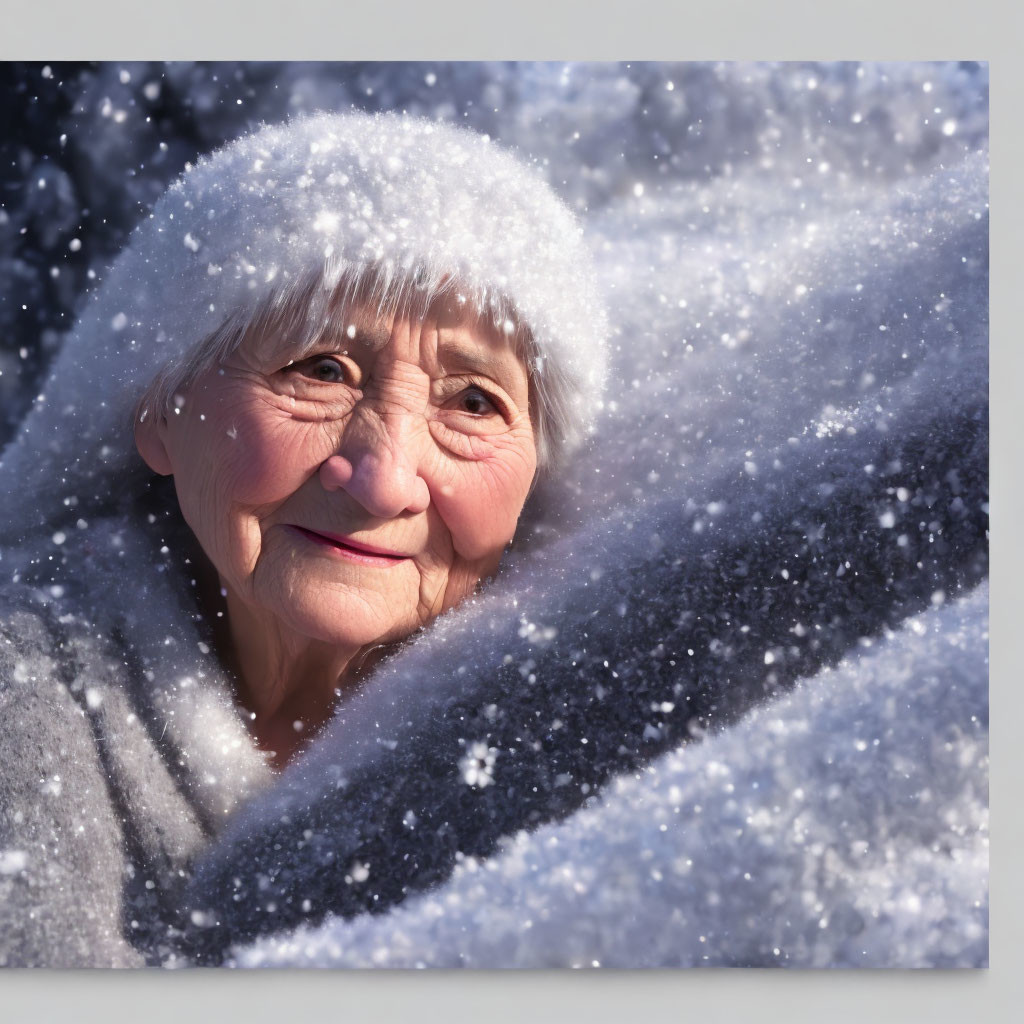 Elderly woman smiling in snow under cozy blanket