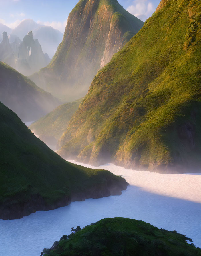 Misty river in lush valley with green mountains at sunrise