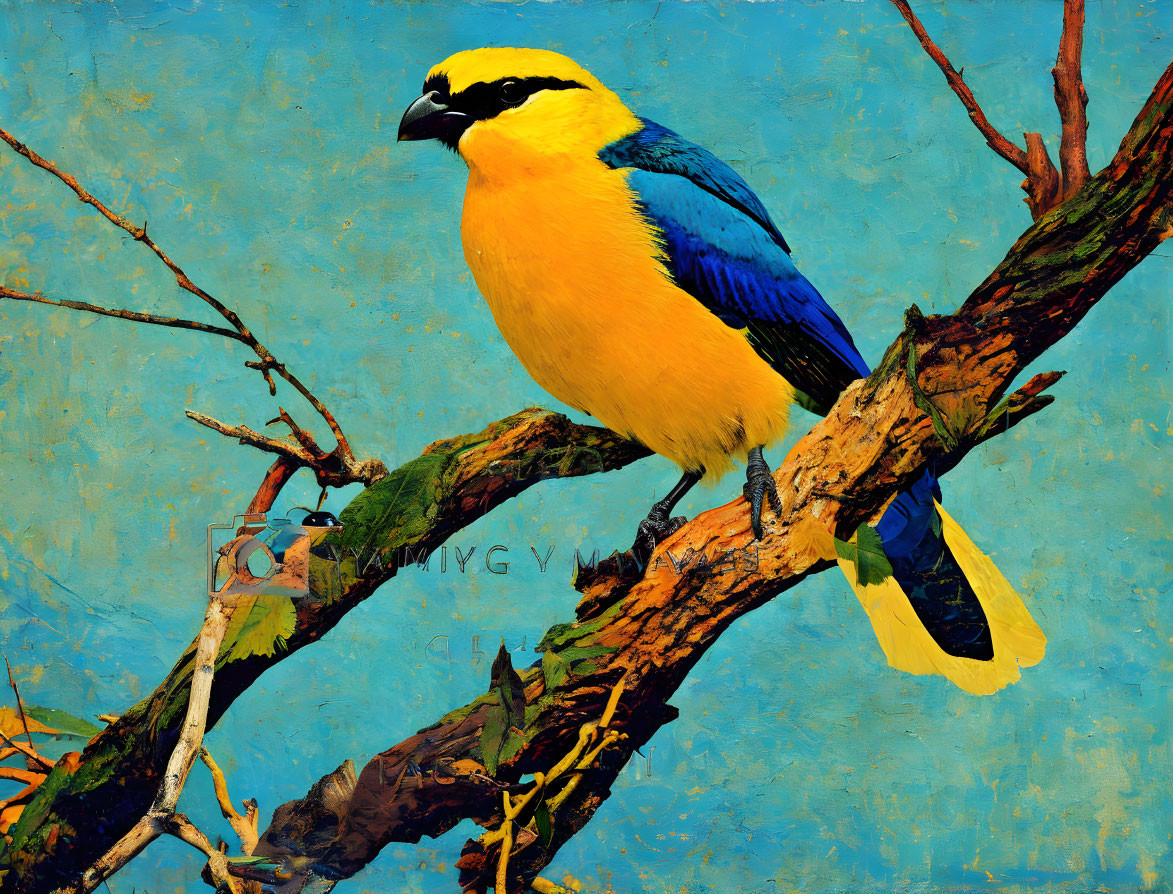 Colorful Blue and Yellow Bird on Branch Against Turquoise Background