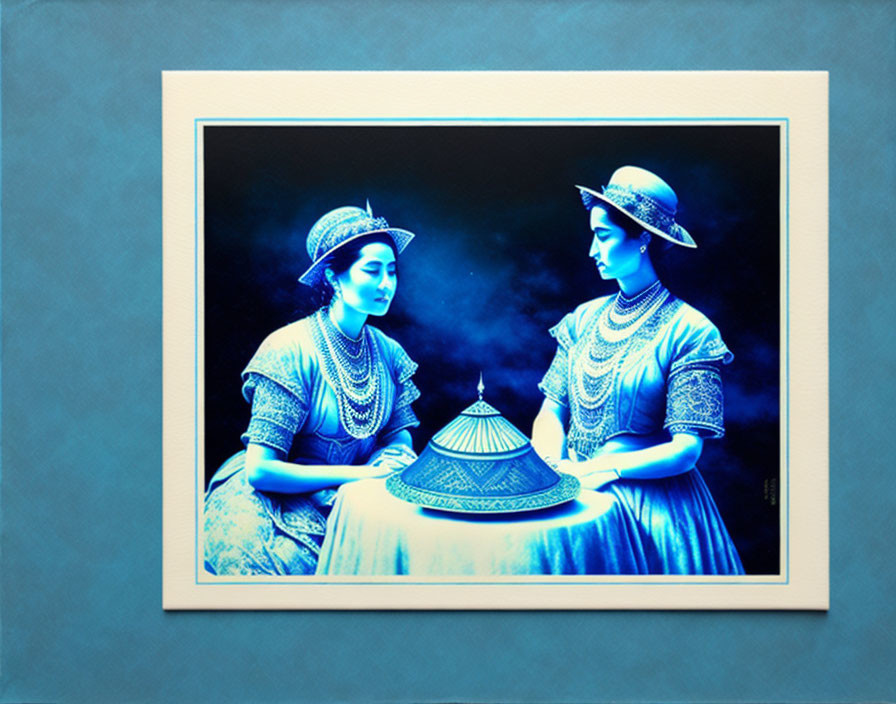 Traditional attire women with jewelry, seated with lamp in monochrome blue.