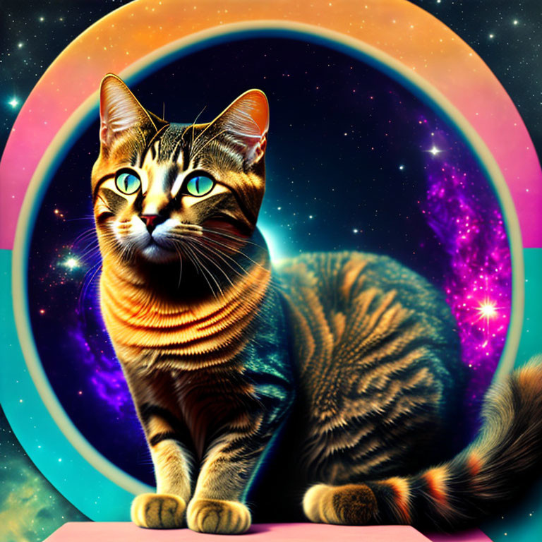 Tabby cat surrounded by celestial colors and glowing ring