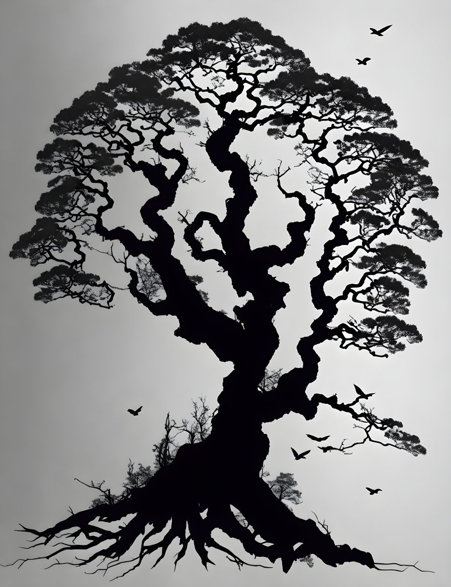 Detailed silhouette of large tree with birds on light background