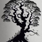 Detailed silhouette of large tree with birds on light background